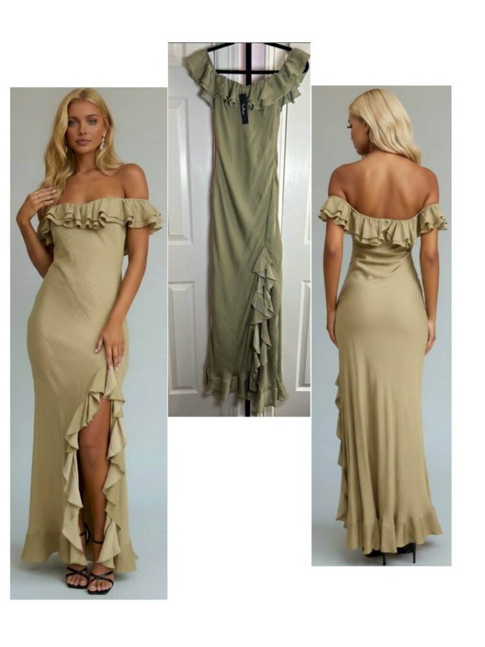 Lulus Eloisa Light Olive Satin Off-the-Shoulder Maxi Dress SIze Small New NWT - Picture 5 of 13